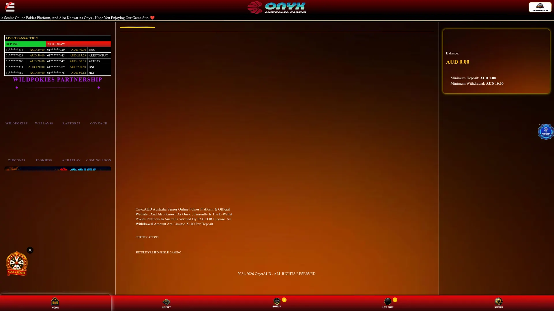 Onyx Casino desktop website with casino and promotional features
